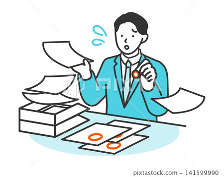 An illustration depicting a male office worker overwhelmed with stamping documents in a huge pile, showing the burden of his work. An illustration depicting a male office worker overwhelmed with stamping documents in a huge pile, showing the burden of his work. 141599990