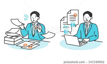 Before-and-after illustrations illustrating the transition from the laborious manual process of stamping to PC-based electronic seals. Before-and-after illustrations illustrating the transition from the laborious manual process of stamping to PC-based electronic seals. 141599992