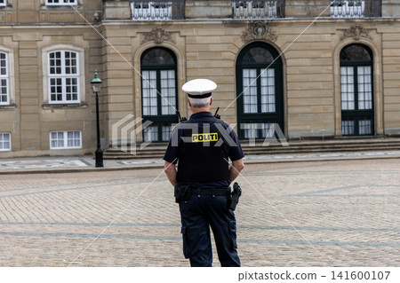 Danish police officer guarding Amalienborg Palace in Copenhagen, Denmark Danish police officer guarding Amalienborg Palace in Copenhagen, Denmark 141600107