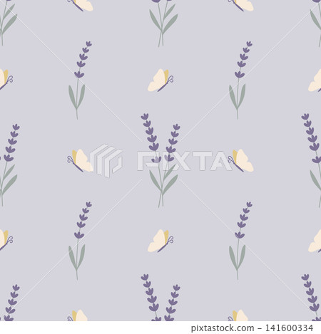 Soft lavender flower and butterfly seamless pattern for fabric, wallpaper, wrapping paper, scrapbook and botanical surface pattern design projects. Soft lavender flower and butterfly seamless pattern for fabric, wallpaper, wrapping paper, scrapbook and botanical surface pattern design projects. 141600334