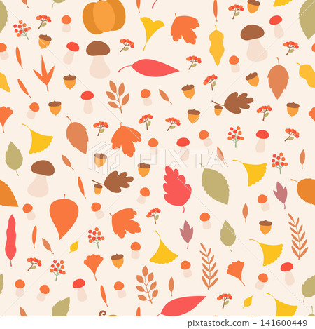 Autumn Seamless Pattern with Leaves and Mushrooms Autumn Seamless Pattern with Leaves and Mushrooms 141600449