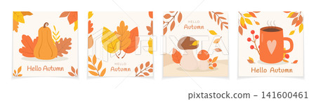 Autumn Greeting Cards with Leaves, Pumpkin, Mushrooms and Coffee Mug Autumn Greeting Cards with Leaves, Pumpkin, Mushrooms and Coffee Mug 141600461