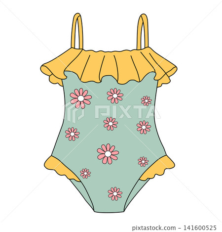 Cute retro floral pattern one piece swimsuit with ruffles for women or kids summer beach vacation fashion clip art Cute retro floral pattern one piece swimsuit with ruffles for women or kids summer beach vacation fashion clip art 141600525