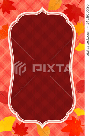 Autumn leaves and red checkered background frame 2_vertical Autumn leaves and red checkered background frame 2_vertical 141600550
