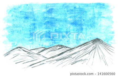 Hand drawn watercolor illustration. Gray light silhouettes of mountains, blue-turquoise texture sky. Wildlife of mountainous countries, tourism, travel, postcards, print. Hand drawn watercolor illustration. Gray light silhouettes of mountains, blue-turquoise texture sky. Wildlife of mountainous countries, tourism, travel, postcards, print. 141600560