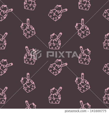 Simple hand-drawn vector seamless pattern. Pink contour balls of ice cream on a dark burgundy brown background. Sweet desserts, packaging, textile products, fabrics, paper, cafes. Summer. 141600775