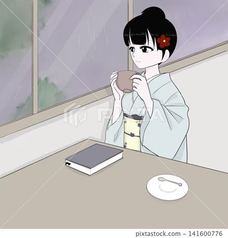 A woman in a kimono, coffee in hand, gazes out the window – an autumn café experience. A woman in a kimono, coffee in hand, gazes out the window – an autumn café experience. 141600776
