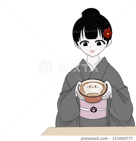秋日咖啡館裡,一位身穿和服的女子凝視著貓咪拉花咖啡。 秋日咖啡館裡,一位身穿和服的女子凝視著貓咪拉花咖啡。 141600777