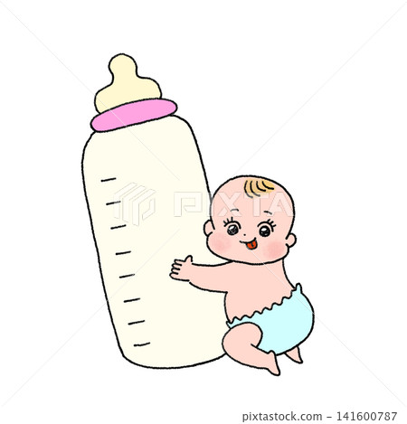 嬰兒抱著奶瓶 嬰兒抱著奶瓶 141600787