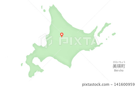 A simple illustration of Hokkaido: a vector illustration of a map with a map pin pointing to Biei Town. A simple illustration of Hokkaido: a vector illustration of a map with a map pin pointing to Biei Town. 141600959