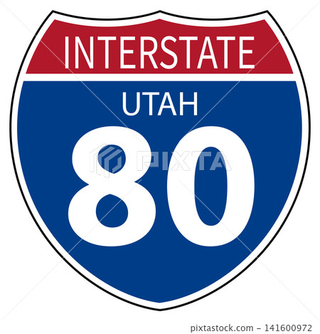 Interstate highway 80 road sign in Utah. Interstate 80 (I-80) Utah UT US Interstate highway route shield badge. Interstate highway 80 road sign in Utah. Interstate 80 (I-80) Utah UT US Interstate highway route shield badge. 141600972