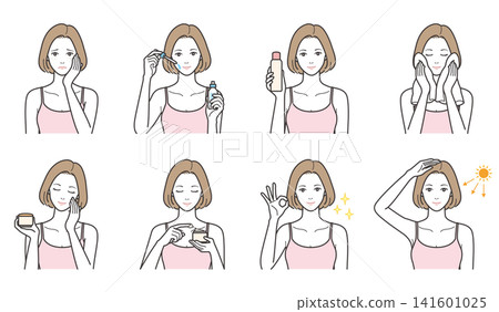 A set of 8 illustrations depicting women's skincare, beauty problems, and cosmetics (dropper, cream, UV care, and concerns). A set of 8 illustrations depicting women's skincare, beauty problems, and cosmetics (dropper, cream, UV care, and concerns). 141601025
