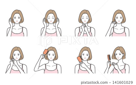 An 8-piece illustrated set of hair care and brushing techniques for a woman with bob hair (hairbrush, comb, hair care, hair quality improvement). An 8-piece illustrated set of hair care and brushing techniques for a woman with bob hair (hairbrush, comb, hair care, hair quality improvement). 141601029