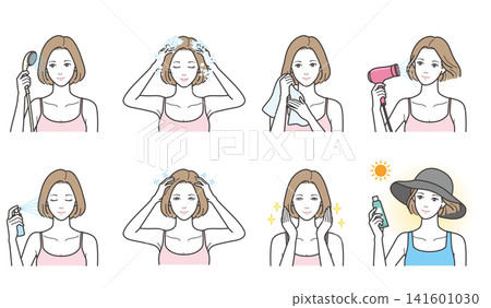 一組 8 幅插圖,描繪了一位女士洗頭、護髮和防紫外線(洗髮精、吹風機、頭皮按摩、帽子)。 一組 8 幅插圖,描繪了一位女士洗頭、護髮和防紫外線(洗髮精、吹風機、頭皮按摩、帽子)。 141601030