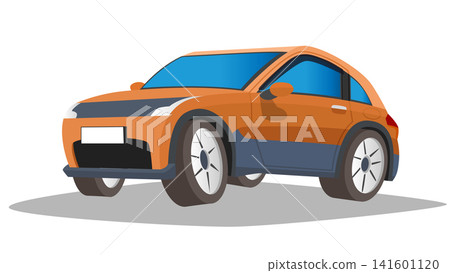 Modern orange off road car presented in a front three quarter view. Featuring bold black trim large wheels and a clean white background. With shadow on white isolated. Modern orange off road car presented in a front three quarter view. Featuring bold black trim large wheels and a clean white background. With shadow on white isolated. 141601120