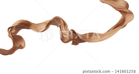 Luxury warm beige brown sheer fabric ribbon waving isolated on white background with copy space design for autumn banner 3D render 141601258