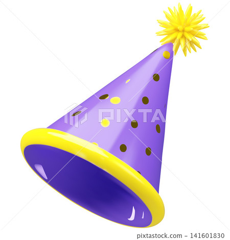 Purple 3D cone hat with golden polka dots and a pompom on top. Purple 3D cone hat with golden polka dots and a pompom on top. 141601830