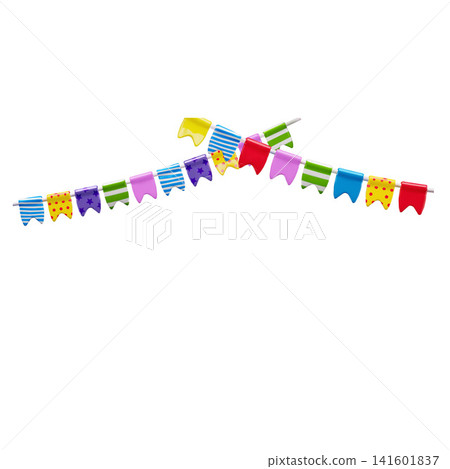 Colorful flags different patterns two garlands 3D cartoon vector, realistic festive holiday Birthday party decoration Colorful flags different patterns two garlands 3D cartoon vector, realistic festive holiday Birthday party decoration 141601837