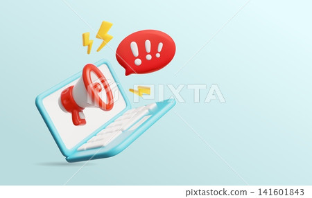 A 3D poster featuring an open laptop, a megaphone, yellow lightning bolts, and a speech bubble. 141601843