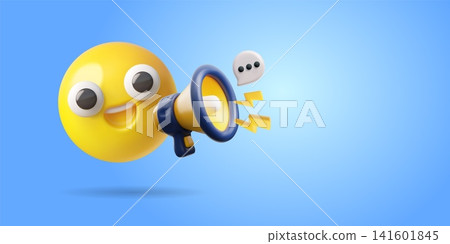Emoji shouting with loudspeaker 3D plastic style cartoon vector banner, megaphone, flash lightnings and speech bubble Emoji shouting with loudspeaker 3D plastic style cartoon vector banner, megaphone, flash lightnings and speech bubble 141601845