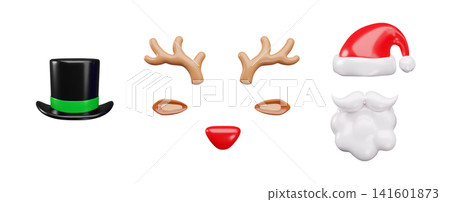 Santa Claus white beard and moustache, deer animal face or carnival mask, black cylinder hat cartoon 3D vectors set Santa Claus white beard and moustache, deer animal face or carnival mask, black cylinder hat cartoon 3D vectors set 141601873