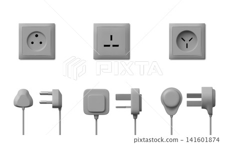 Power sockets with electric plug different types, 3D vector realistic set of electric socket electrical energy outlet Power sockets with electric plug different types, 3D vector realistic set of electric socket electrical energy outlet 141601874