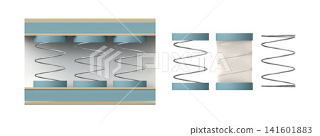Mattress infographic with pocket metal spring, bed extended silver coils, vector realistic 3D flexible spiral metal wire Mattress infographic with pocket metal spring, bed extended silver coils, vector realistic 3D flexible spiral metal wire 141601883
