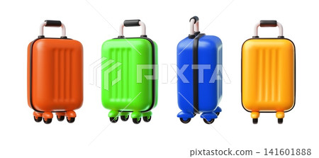 A 3D set of multicolored plastic travel suitcases with wheels, viewed from different angles. A 3D set of multicolored plastic travel suitcases with wheels, viewed from different angles. 141601888
