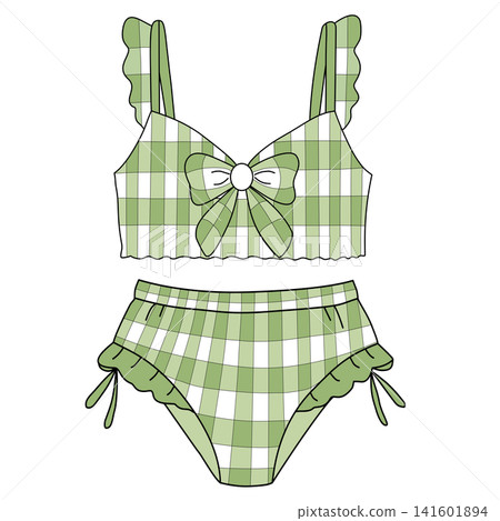 Cute green plaid gingham two piece bikini swimsuit with ruffle straps for women girls summer beach pool party fashion apparel clipart sticker print visual graphic artwork design Cute green plaid gingham two piece bikini swimsuit with ruffle straps for women girls summer beach pool party fashion apparel clipart sticker print visual graphic artwork design 141601894