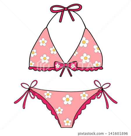Cute pink floral pattern two piece bikini swimsuit with bow details for women girls summer beach pool party fashion apparel clipart sticker print visual graphic artwork design Cute pink floral pattern two piece bikini swimsuit with bow details for women girls summer beach pool party fashion apparel clipart sticker print visual graphic artwork design 141601896