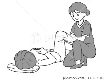 A nurse massaging the feet of an elderly patient who is sleeping during a home visit (monochrome, simple, JPG, caregiving). A nurse massaging the feet of an elderly patient who is sleeping during a home visit (monochrome, simple, JPG, caregiving). 141602106
