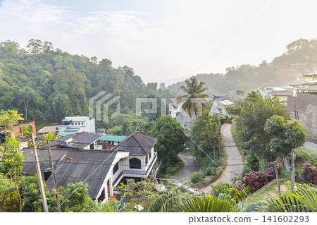 Panoramic vista over a lush green tropical hillside with residential buildings nestled among dense foliage and winding roads under a bright sky. Kandy town in Sri Lanka. Panoramic vista over a lush green tropical hillside with residential buildings nestled among dense foliage and winding roads under a bright sky. Kandy town in Sri Lanka. 141602293