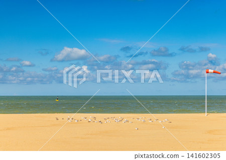 Vibrant Beach Scene on a Sunny Day with Turquoise sea, Golden Sand, Fluffy Clouds, and a Red-White Wind Indicator. Ostend, a coastal city in Belgium, Europe. Vibrant Beach Scene on a Sunny Day with Turquoise sea, Golden Sand, Fluffy Clouds, and a Red-White Wind Indicator. Ostend, a coastal city in Belgium, Europe. 141602305