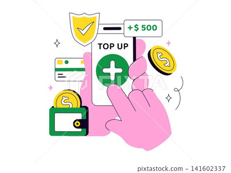 Top Up Balance Illustration Featuring Secure Digital Wallet Recharge, Mobile Payment, Online Transaction, Financial Transfer, and Cashless Banking 141602337