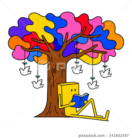 Yellow Character Reading Under a Colorful Tree with Doves Yellow Character Reading Under a Colorful Tree with Doves 141602597