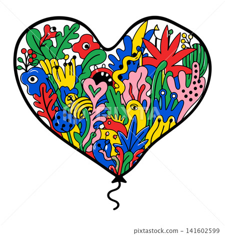 Heart-shaped balloon filled with colorful abstract creatures and plants Heart-shaped balloon filled with colorful abstract creatures and plants 141602599