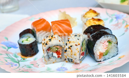 Ready to eat.Tasty various sushi on plate Ready to eat.Tasty various sushi on plate 141603584