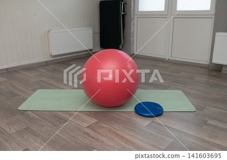 Empty fitness studio with red exercise ball on yoga mat and blue balance disc Empty fitness studio with red exercise ball on yoga mat and blue balance disc 141603695