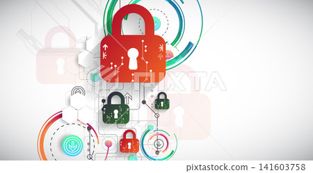 Cybersecurity background with colorful padlocks, circuit board lines, geometric circles. Vector concept 141603758