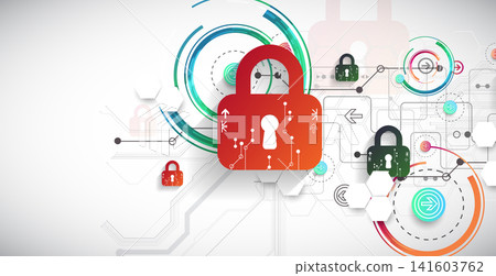 Cybersecurity background with colorful padlocks, circuit board lines, geometric circles. Vector concept Cybersecurity background with colorful padlocks, circuit board lines, geometric circles. Vector concept 141603762