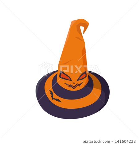 Wizard hat. Halloween Witch hat. Magical decorated hat with creepy face and bat. Halloween party design Wizard hat. Halloween Witch hat. Magical decorated hat with creepy face and bat. Halloween party design 141604228
