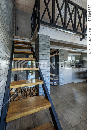 Modern Staircase and Mezzanine Interior View Modern Staircase and Mezzanine Interior View 141604251