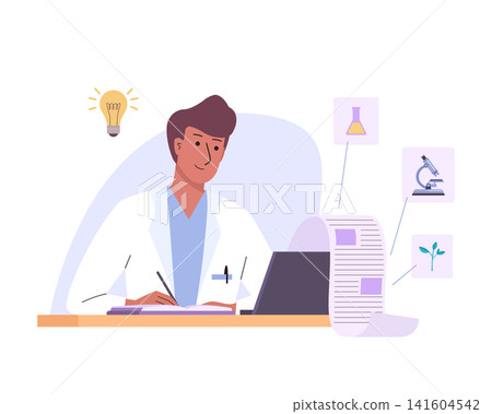 Doctor man writing scientific article. Data study, health related, epidemiology, outbreaks analysis. Male medical scientist with laptop working at her desk Doctor man writing scientific article. Data study, health related, epidemiology, outbreaks analysis. Male medical scientist with laptop working at her desk 141604542