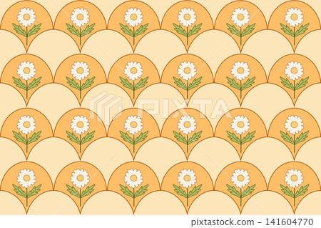 Geometric daisy seamless pattern with retro floral scales in flat vector style, yellow warm retro background graphic for textile design, packaging and branding Geometric daisy seamless pattern with retro floral scales in flat vector style, yellow warm retro background graphic for textile design, packaging and branding 141604770