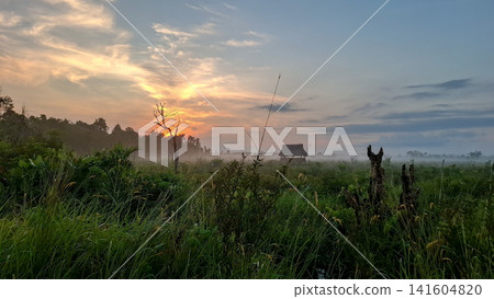 Golden Sunrise Over Foggy Wild Meadow and Wooden Hut Golden Sunrise Over Foggy Wild Meadow and Wooden Hut 141604820
