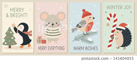 Christmas greeting card set with penguin, mouse, bird, hedgehog, tree, candy cane, gifts, and cute winter animal wishes design Christmas greeting card set with penguin, mouse, bird, hedgehog, tree, candy cane, gifts, and cute winter animal wishes design 141604855