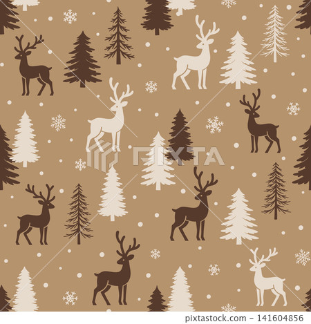 Christmas seamless pattern with reindeer silhouettes, fir trees, snowflakes, and falling snow on warm brown winter background Christmas seamless pattern with reindeer silhouettes, fir trees, snowflakes, and falling snow on warm brown winter background 141604856