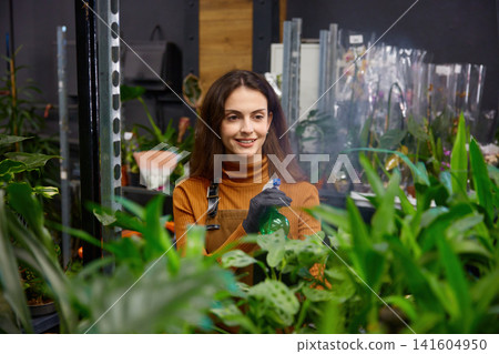 Focused caucasian woman in apron and gloves spraying indoor plants in nursery aisles Focused caucasian woman in apron and gloves spraying indoor plants in nursery aisles 141604950