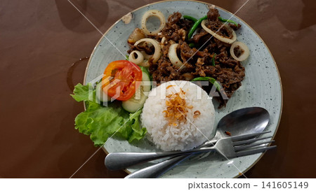 Indonesian Black Pepper Beef Rice Plate with Fresh Salad Indonesian Black Pepper Beef Rice Plate with Fresh Salad 141605149