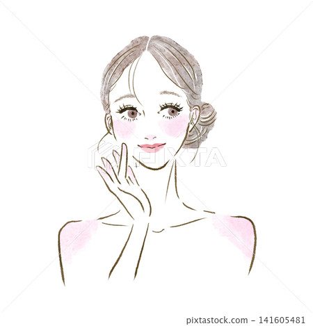 一幅描繪女性撫摸臉頰,感受護膚效果的插圖。 (線條畫) 一幅描繪女性撫摸臉頰,感受護膚效果的插圖。 (線條畫) 141605481